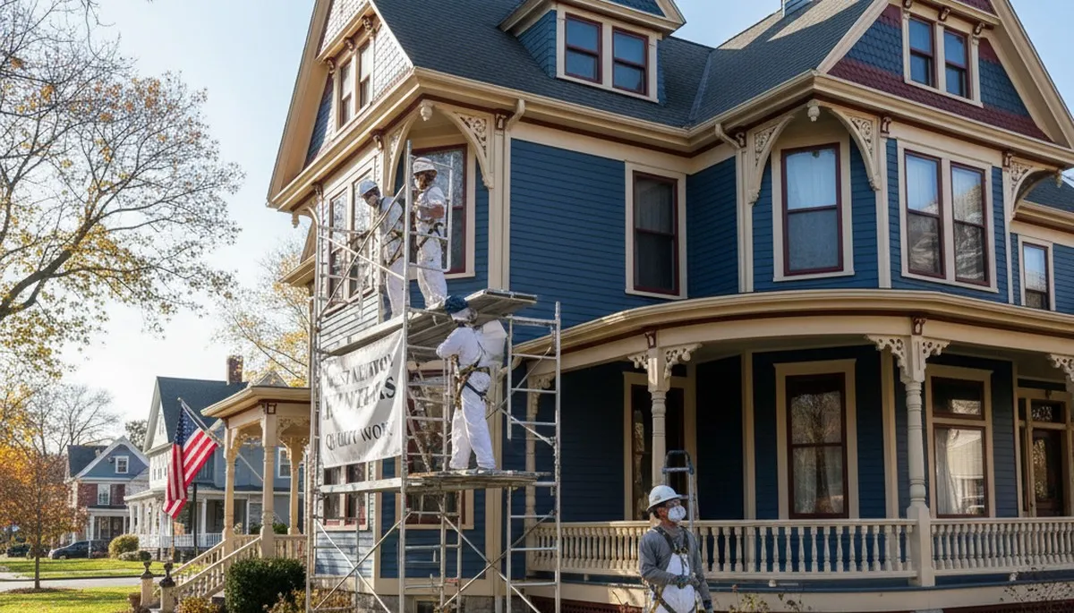 Wellesley, MA painting company crew painting a home exterior with professional tools